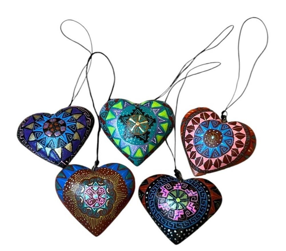 Set of 5 Handmade Alebrije Hearts Wood Mini Hanging Ornaments 1.5”